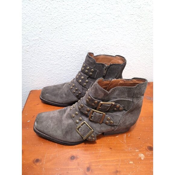 Zodiac Adele Style Brown Suede Ankle Boots With Studded Straps And Side Zippers - Picture 3 of 12